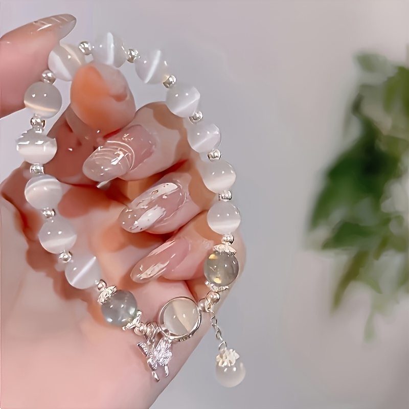 Glass Cat's Eye Bead Bracelet with Butterfly Charm